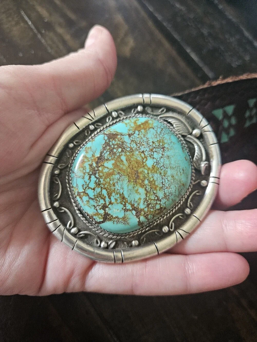 Navajo Signed Sterling Silver Turquoise Belt Buckle